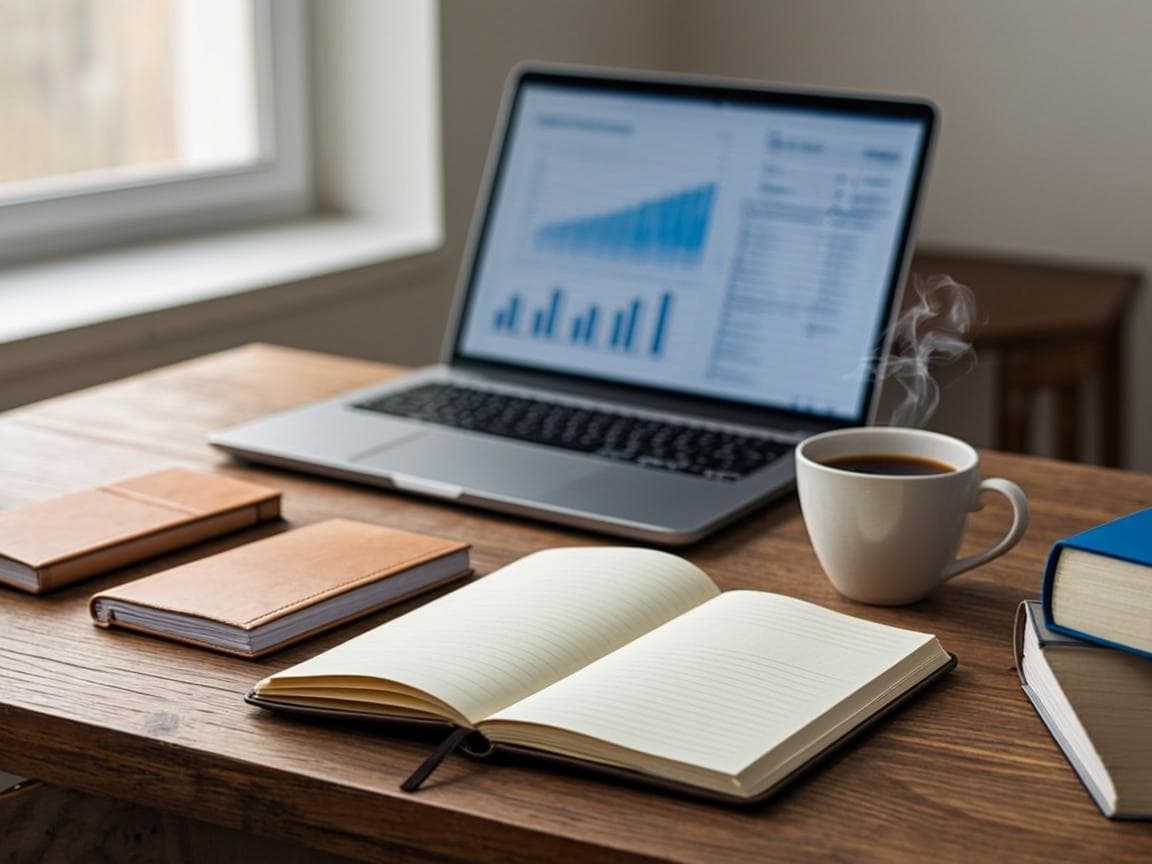 A calm professional workspace with charts and a notebook