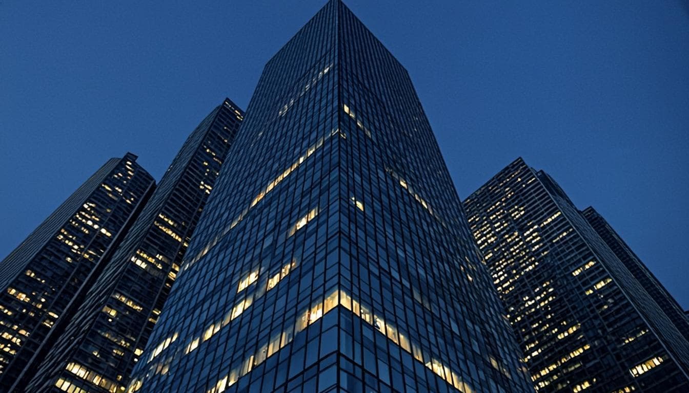 Modern financial architecture at blue hour, conveying stability and growth